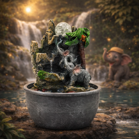Elephants & Palm Tree Tabletop Water Fountain – Jungle Elephant Water Feature