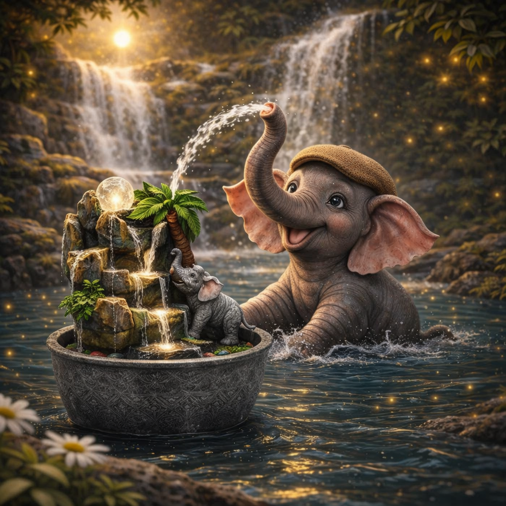 Elephants & Palm Tree Tabletop Water Fountain – Jungle Elephant Water Feature