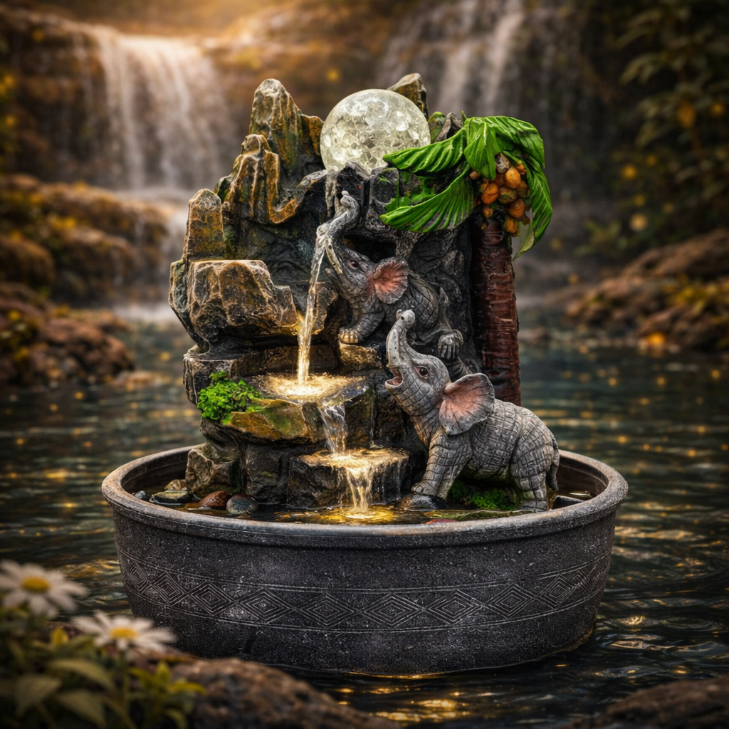 Elephants & Palm Tree Tabletop Water Fountain – Jungle Elephant Water Feature