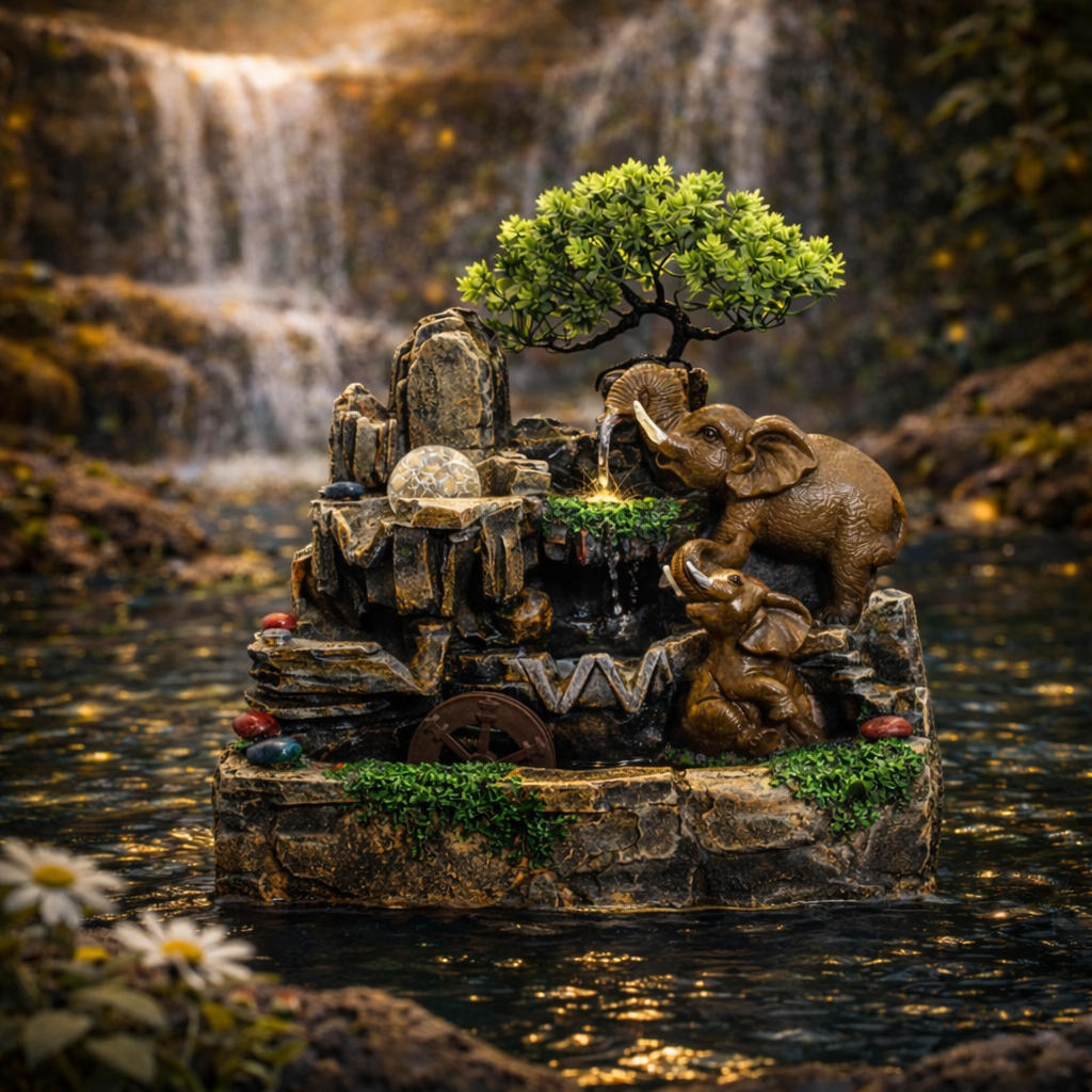 Elephants in Love Waterfall Fountain – Elephant Tabletop Water Feature