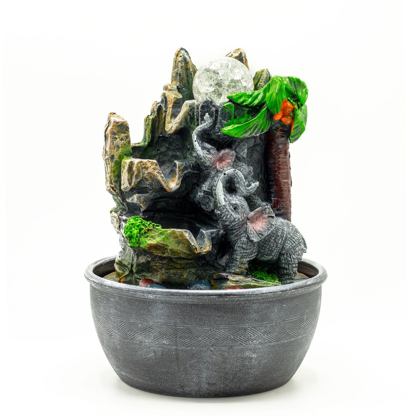 Elephants & Palm Tree Tabletop Water Fountain – Jungle Elephant Water Feature